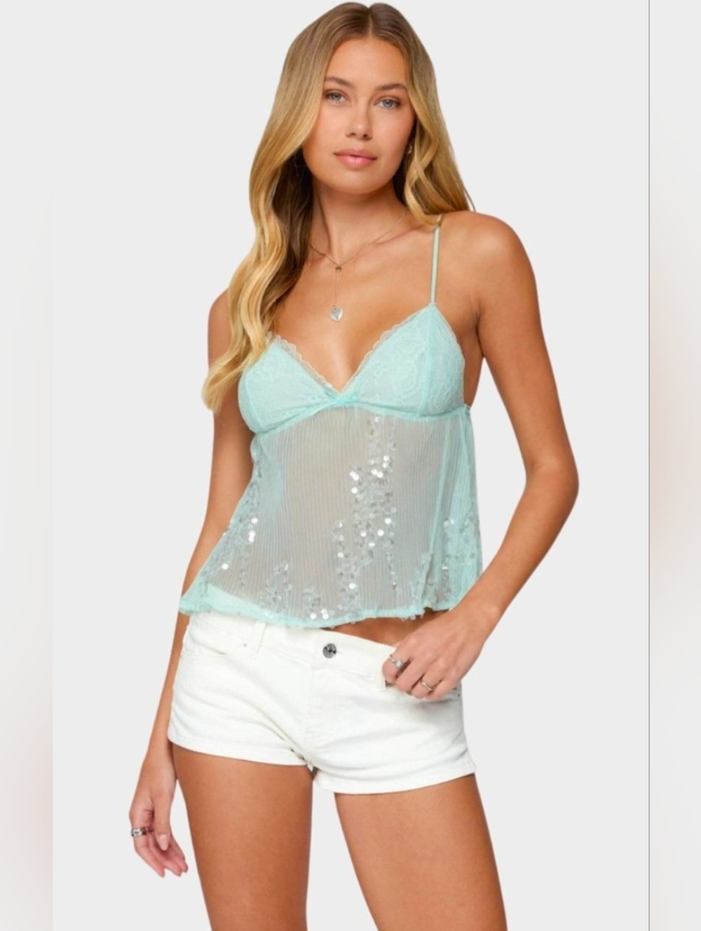 Edikted Sequin Sheer Mesh Babydoll Top In Turquoise | Size L NWT